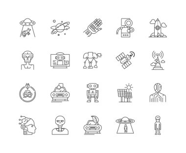 Gelecekteki teknoloji çizgi simgeleri, işaretler, vektör seti, anahat illüstrasyon kavramı 