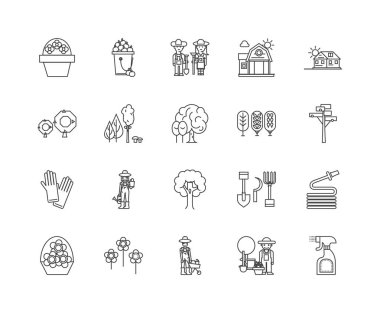 Bahçe merkezleri çizgi simgeleri, işaretler, vektör seti, anahat illüstrasyon kavramı 