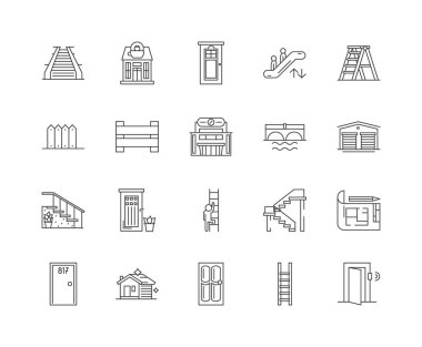 Gates çizgi simgeleri, işaretler, vektör seti, anahat illüstrasyon kavramı 