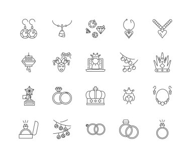 Taşlar ve değerli taşlar çizgi simgeleri, işaretler, vektör seti, anahat illüstrasyon kavramı 