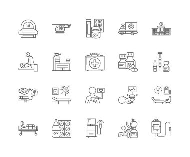 Genel tıp hastanesi çizgi simgeleri, işaretler, vektör seti, anahat illüstrasyon kavramı 