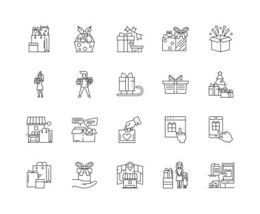 Hediyelik eşya dükkanları çizgi simgeleri, işaretler, vektör seti, anahat illüstrasyon konsepti 