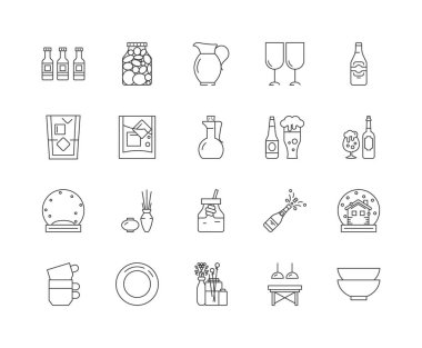 Cam ve cam çizgi simgeleri, işaretler, vektör seti, anahat illüstrasyon kavramı 