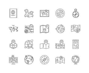 Gps çizgi simgeleri, işaretler, vektör seti, anahat illüstrasyon kavramı 