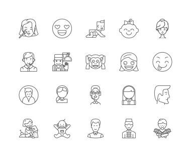 Mutlu yüz çizgisi simgeleri, işaretler, vektör seti, anahat illüstrasyon kavramı 