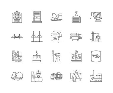 Ağır yapılar çizgi simgeleri, işaretler, vektör seti, anahat illüstrasyon kavramı 