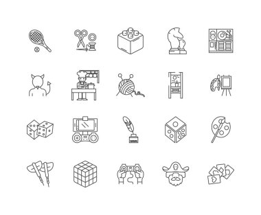Hobi oyuncak ve oyun mağazası çizgi simgeleri, işaretler, vektör seti, anahat illüstrasyon kavramı 