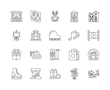 Tatil evleri çizgi simgeleri, işaretler, vektör seti, anahat illüstrasyon kavramı 