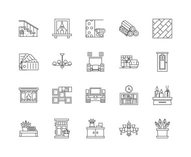 Ev dekorasyon mağazası çizgi simgeleri, işaretler, vektör seti, anahat illüstrasyon kavramı 