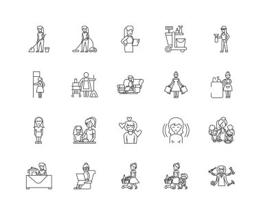 Ev hanımı çizgi simgeleri, işaretler, vektör seti, anahat illüstrasyon kavramı 