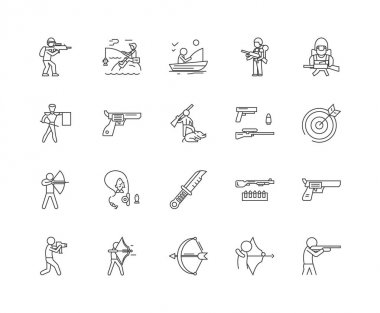 Avcılık hattı simgeleri, işaretler, vektör seti, anahat illüstrasyon kavramı 