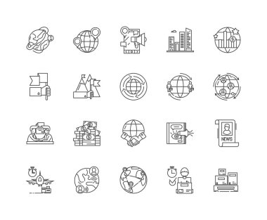 İthalat iş satırı simgeleri, işaretler, vektör seti, anahat illüstrasyon kavramı 