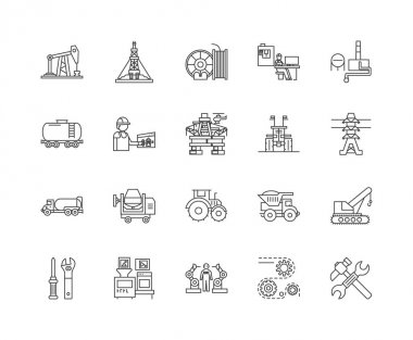 Endüstriyel ekipman çizgi simgeleri, işaretler, vektör seti, anahat illüstrasyon kavramı 