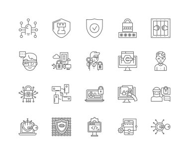 Bilgi güvenliği satırı simgeleri, işaretler, vektör seti, anahat çizim kavramı 