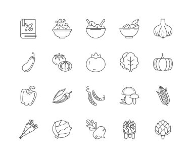 Malzemeler çizgi simgeleri, işaretler, vektör seti, anahat illüstrasyon kavramı 