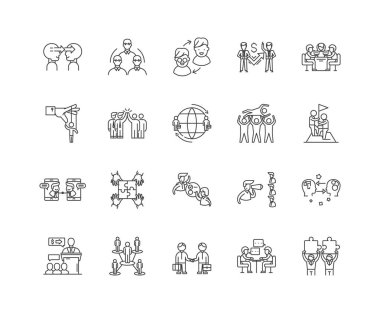 Etkileşimler çizgi simgeleri, işaretler, vektör seti, anahat illüstrasyon kavramı 