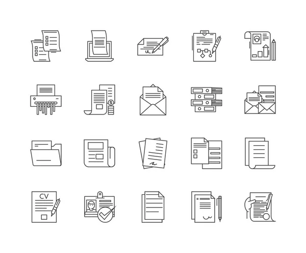 Iconos de línea de documentación, signos, conjunto de vectores, esquema concepto de ilustración — Archivo Imágenes Vectoriales