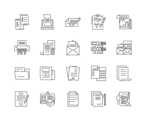 Icônes de ligne de documentation, signes, ensemble vectoriel, concept d'illustration de contour — Image vectorielle