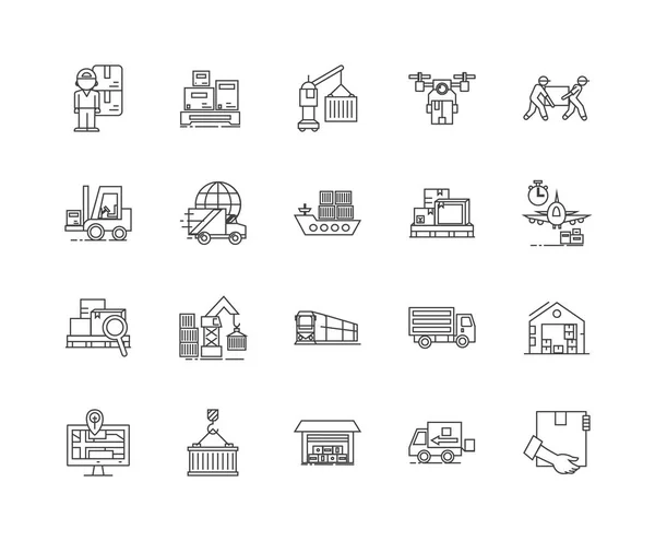 Goccia le icone della linea di trasporto, segni, insieme del vettore, concetto di illustrazione del contorno — Vettoriale Stock
