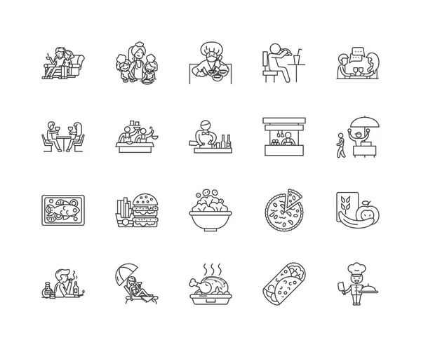 Comer personas línea iconos, signos, conjunto de vectores, esquema concepto de ilustración — Vector de stock