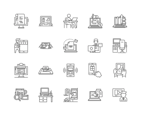 Serviços de comércio eletrônico ícones de linha, sinais, conjunto vetorial, conceito de ilustração esboço — Vetor de Stock