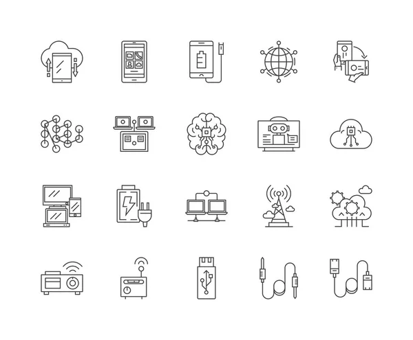 Conectores eletrônicos ícones de linha, sinais, conjunto de vetores, conceito de ilustração de contorno — Vetor de Stock