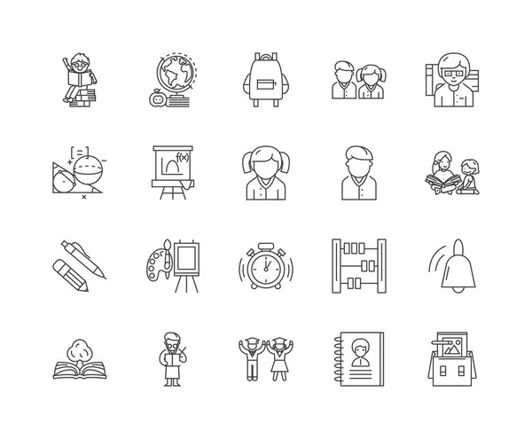 Iconos de línea de la escuela primaria, signos, conjunto de vectores, esquema concepto de ilustración — Vector de stock