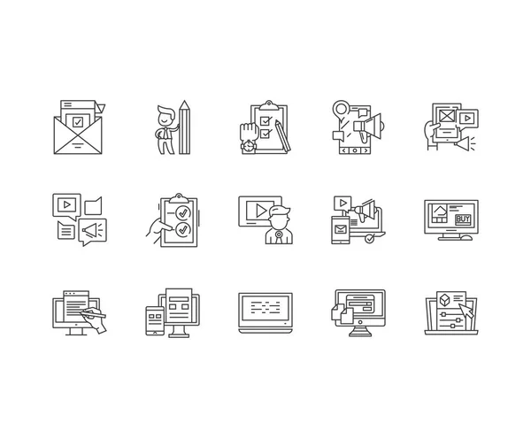 E-postmarknadsföring plan linje ikoner, skyltar, vektor uppsättning, Outline illustration koncept — Stock vektor