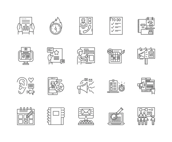 Organisation d'événements icônes de ligne, signes, ensemble vectoriel, concept d'illustration de contour — Image vectorielle