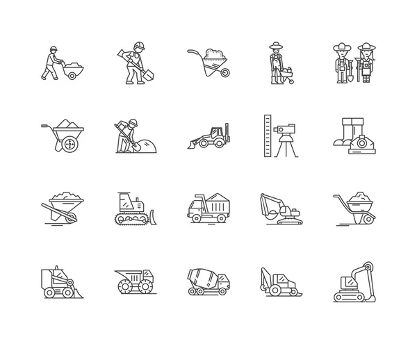 Iconos de línea de excavación y grounwork, signos, conjunto de vectores, esquema concepto de ilustración — Vector de stock