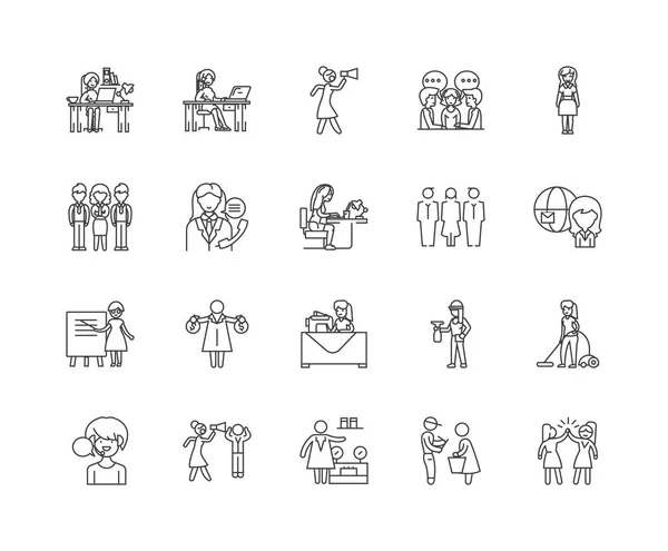 Uitvoerende vrouwenlijn pictogrammen, tekenen, vector set, omtrek illustratie concept — Stockvector