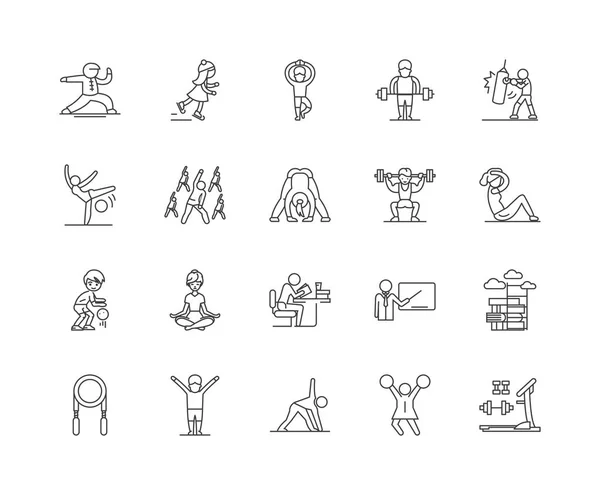 Iconos de línea de ejercicio, signos, conjunto de vectores, esquema concepto de ilustración — Vector de stock