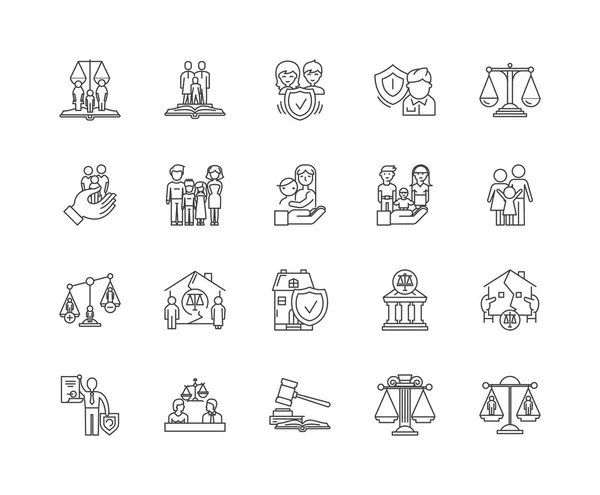 Rodzina ikony linii prawnik, znaki, wektor zestaw, zarys ilustracji koncepcji — Wektor stockowy