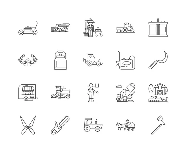 Jordbruksmaskiner och equiment linje ikoner, skyltar, Vector set, disposition illustration Concept — Stock vektor