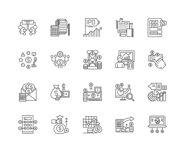 Ícones de linha de dados financeiros, sinais, conjunto de vetores, conceito de ilustração de esboço —  Vetores de Stock