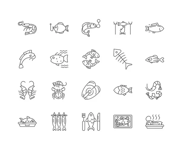 Иконки рыб и морепродуктов, знаки, векторный набор, концепция набросков — стоковый вектор