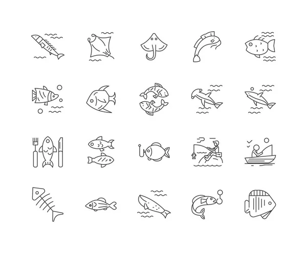 Иконки рыболовных линий, знаки, векторный набор, концепция наброска — стоковый вектор