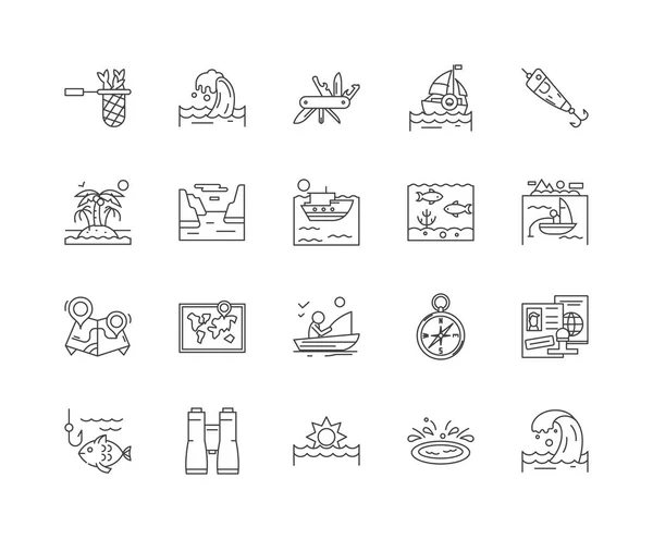 Iconos de línea de tours de pesca, signos, conjunto de vectores, esquema concepto de ilustración — Archivo Imágenes Vectoriales