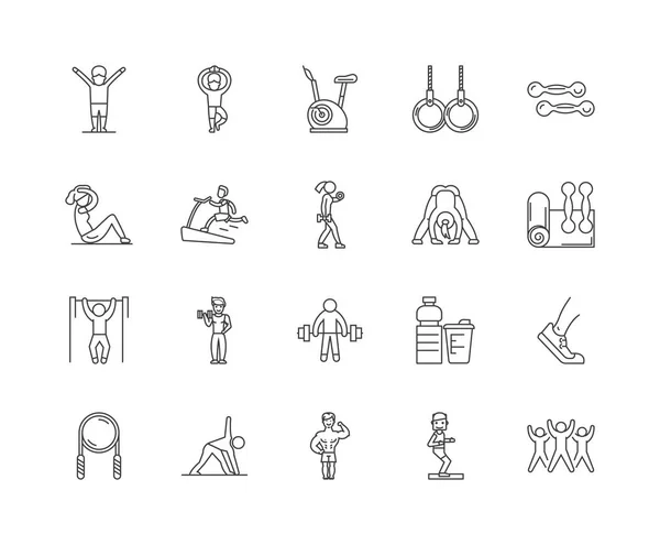 Clases de fitness iconos de línea, signos, conjunto de vectores, esquema concepto de ilustración — Vector de stock