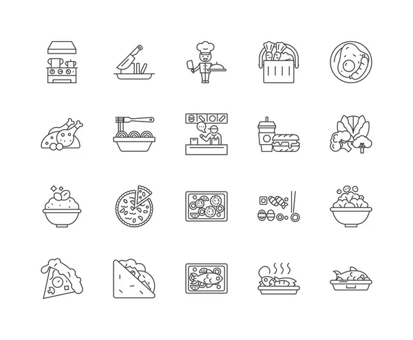 Iconos de línea de comida y comedor, signos, conjunto de vectores, esquema concepto de ilustración — Vector de stock