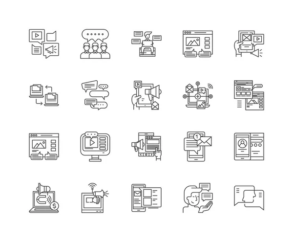 Forums et babillards icônes de ligne, signes, ensemble vectoriel, schéma concept d'illustration — Image vectorielle