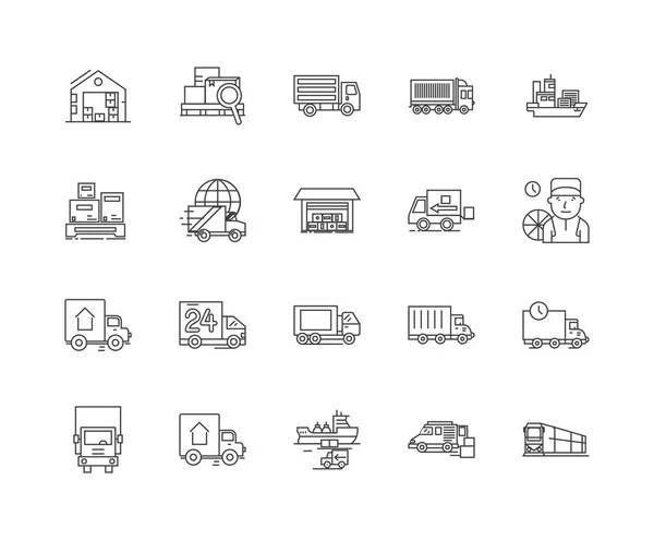 Iconos de línea de transporte de mercancías, signos, conjunto de vectores, esquema concepto de ilustración — Vector de stock
