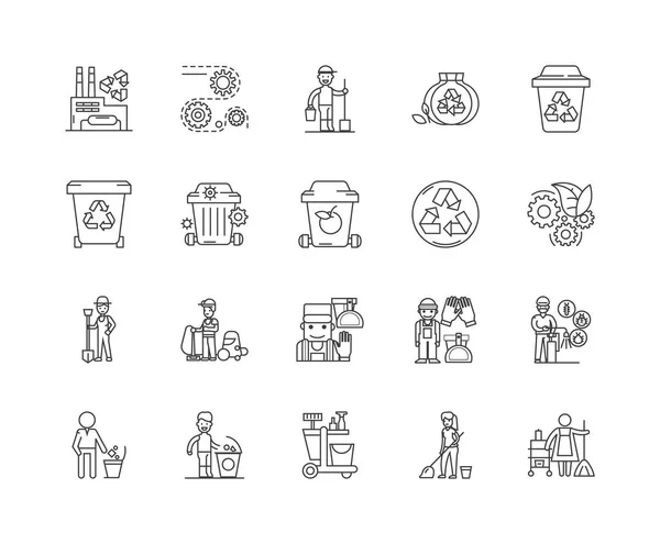 Iconos de línea de basura, signos, conjunto de vectores, esquema concepto de ilustración — Vector de stock