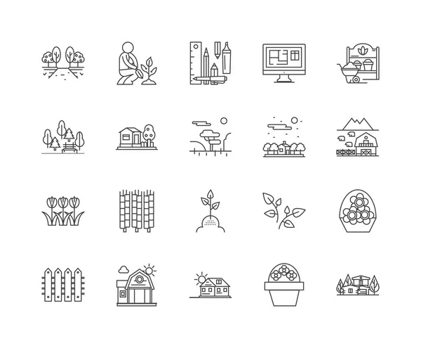 Iconos de línea de diseño de jardín, signos, conjunto de vectores, esquema concepto de ilustración — Archivo Imágenes Vectoriales