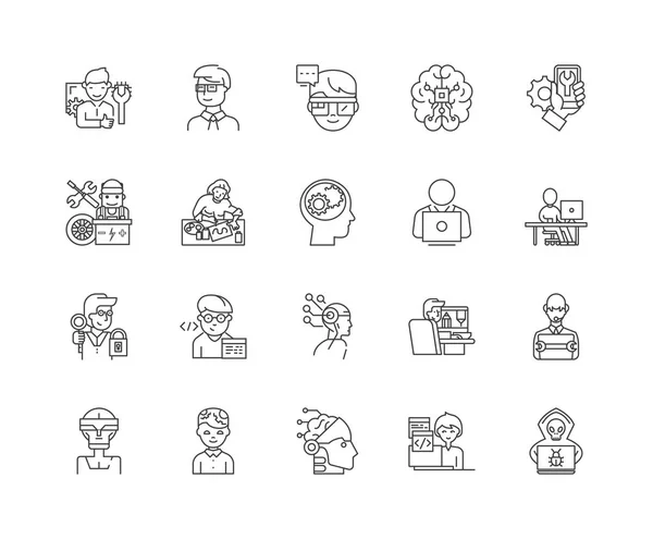 Geeks, nerds lijn iconen, tekenen, vector set, omtrek illustratie concept — Stockvector
