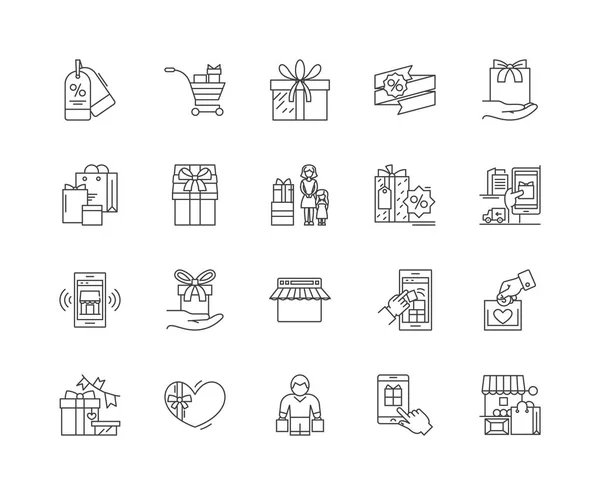 Iconos de línea de tienda de regalos, signos, conjunto de vectores, esquema concepto de ilustración — Vector de stock