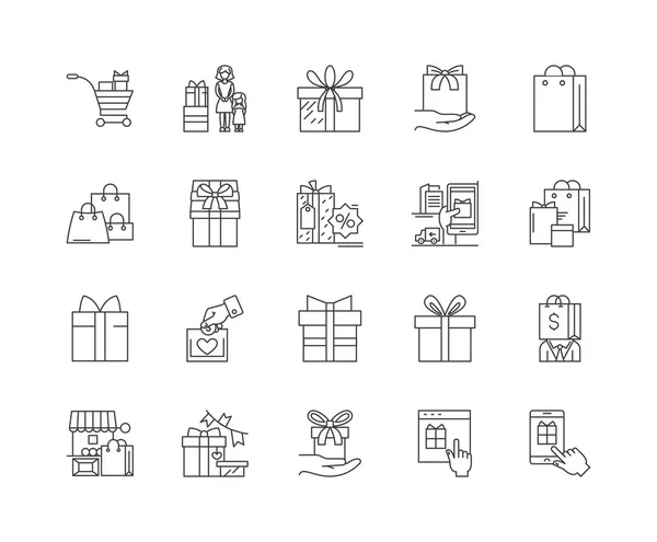 Iconos de línea de regalo, signos, conjunto de vectores, esquema concepto de ilustración — Archivo Imágenes Vectoriales