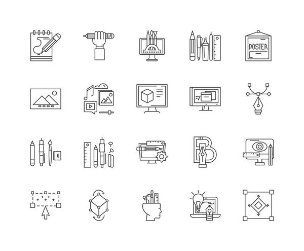 Diseñadores gráficos línea iconos, signos, conjunto de vectores, esquema concepto de ilustración — Vector de stock