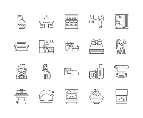 Guest House Hotel ikony linii, znaki, wektor zestaw, zarys ilustracja koncepcja — Wektor stockowy