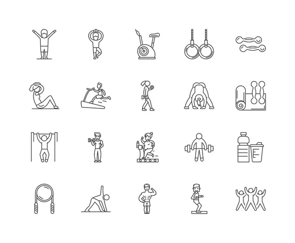 Gimnasio iconos de línea, signos, conjunto de vectores, esquema concepto de ilustración — Vector de stock